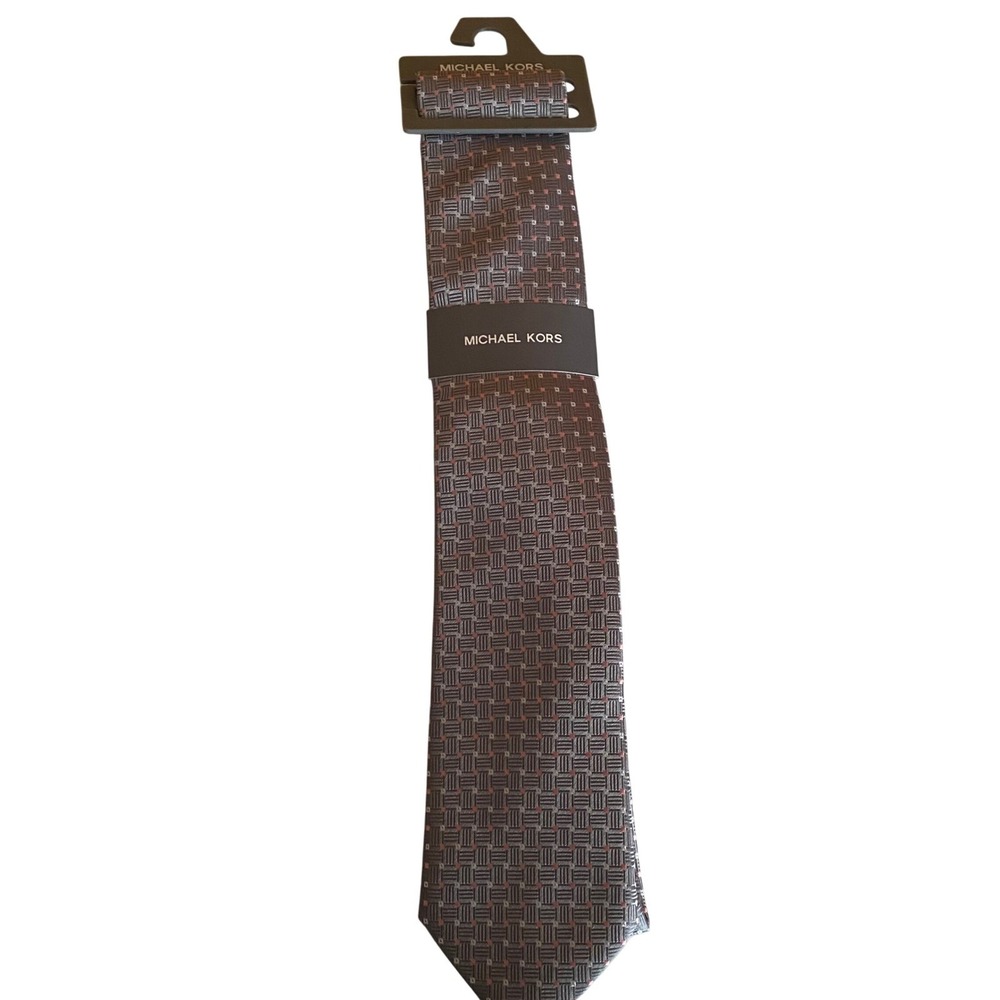 Michael Kors NEW Men's Tie Grey Pink Geometric Basketweave Necktie New